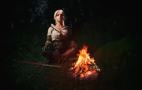 Картинка меч, костер, костюм, Ведьмак, героиня, The Witcher 3: Wild Hunt, Цири, Цирилла Фиона Элен Рианнон