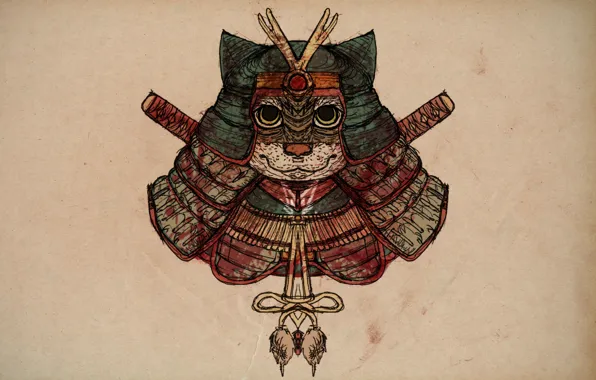 Картинка кот, рисунок, самурай