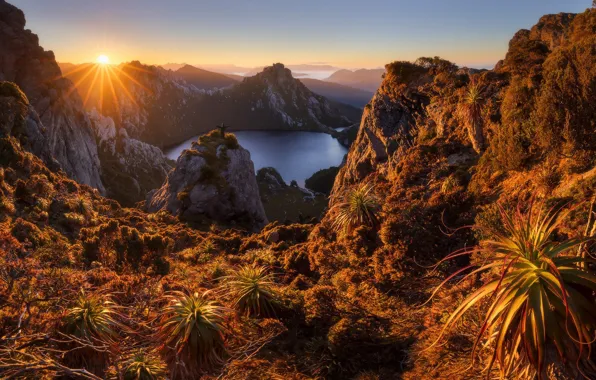 Картинка горы, озеро, рассвет, утро, Австралия, Australia, Tasmania, Lake Oberon
