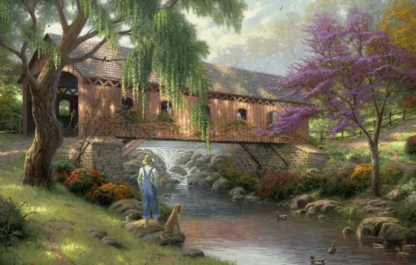 Картинка мост, природа, река, рыбалка, утки, собака, рыбак, живопись