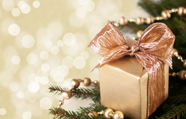 Коробка, подарок, елка, ветка, Новый Год, Рождество, гирлянда, бант