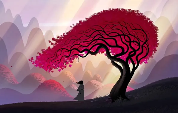 Картинка art, leaves, tree, hills, man, artwork, Samurai, branches