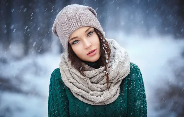 Картинка зима, снег, шапка, портрет, макияж, шарф, прическа, шатенка