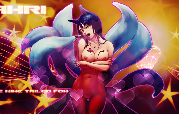 Голая, лиса, хвост, fox, lol, league of legends, ahri, nine-tailed fox