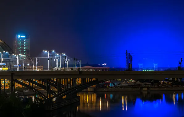 Картинка ночь, мост, огни, река, Германия, фонари, Берлин