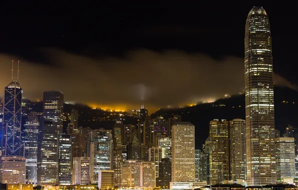 Ночь, город, огни, здания, Гонконг, небоскребы, вечер, Hong Kong