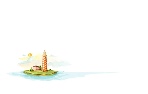 Картинка море, солнце, облака, деревья, маяк, чайки, дома, островок