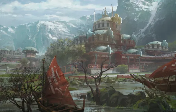 Горы, здания, лодки, водоём, Oriental asian architect style