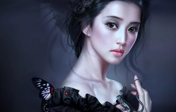 Картинка девушка, бабочка, ящерица, Tang Yuehui