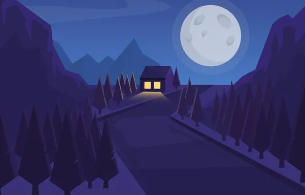 Дорога, пейзаж, горы, дом, луна, vector, вектор, вечер