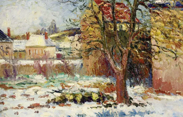 Пейзаж, дом, дерево, картина, Georges Henri Manzana Pissarro, Жорж-Анри Манзана-Писсарро, Снежный Эффект. Незель