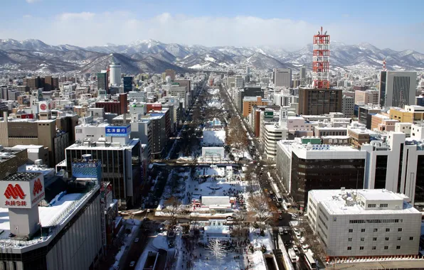 Картинка зима, снег, горы, улица, здания, Япония