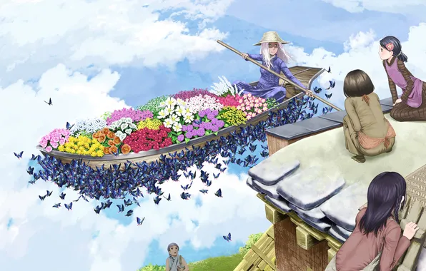 Картинка крыша, небо, облака, бабочки, цветы, люди, лодка, шляпа