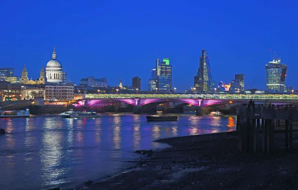Картинка ночь, мост, огни, Англия, Лондон, дома, собор, река Темза