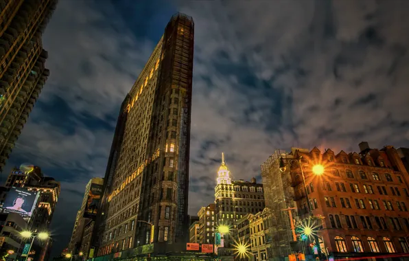 Здания, дома, Нью-Йорк, ночной город, New York City, небоскрёб, Флэтайрон-билдинг, Flat Iron Building