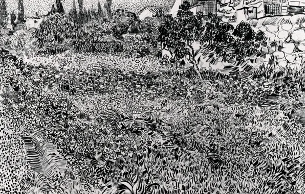 Картинка цветы, растительность, растения, чёрно - белое, Винсент ван Гог, Garden with, Flowers 2