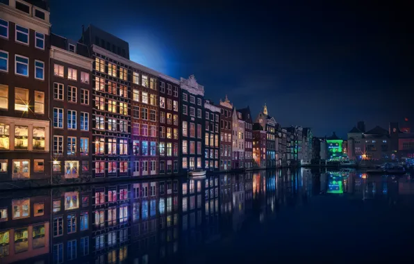Картинка свет, отражения, ночь, город, огни, Амстердам, канал, Нидерланды