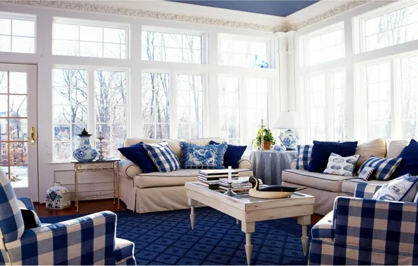 Белый, синий, дизайн, стиль, стол, комната, диван, интерьер
