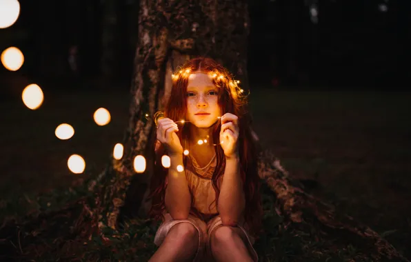 Картинка ночь, дерево, веснушки, гирлянда, night, tree, garland, freckles