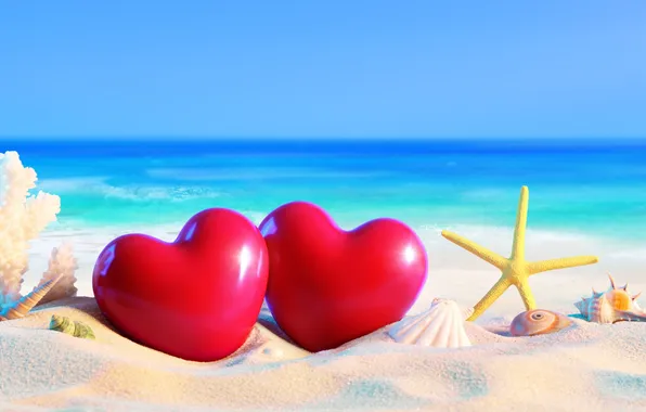Песок, море, пляж, любовь, сердце, отпуск, ракушки, love