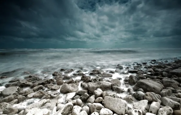 Картинка море, пейзаж, тучи, шторм, камни, буря, landscape