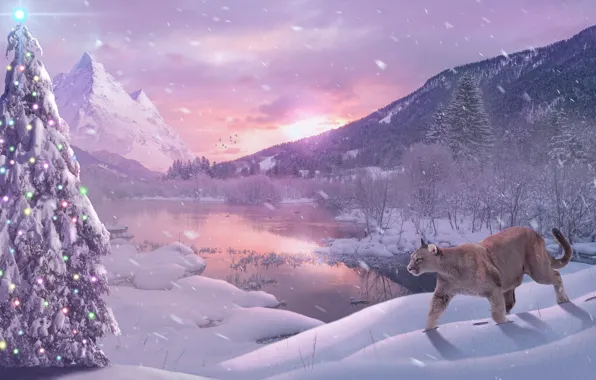 Зима, лес, небо, снег, горы, рендеринг, рассвет, коллаж