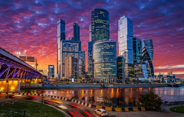 Дорога, мост, река, здания, Москва, Россия, ночной город, небоскрёбы
