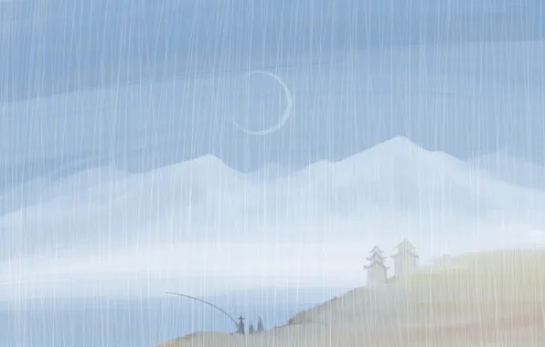 Горы, дождь, луна, берег, рыбак, серп, нарисованный пейзаж