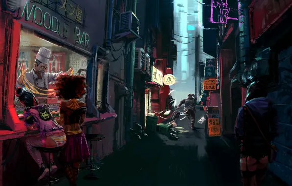 Девушки, Город, Бар, Art, Concept Art, Noodle Bar, by Conor Smith, Conor Smith