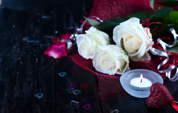 Цветы, сердце, розы, свеча, сердечки, белые розы, День Святого Валентина