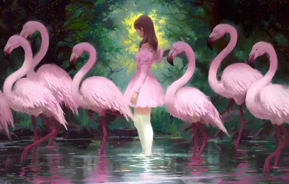 Pink, water, art, picture, young girl, flamingos, KILART