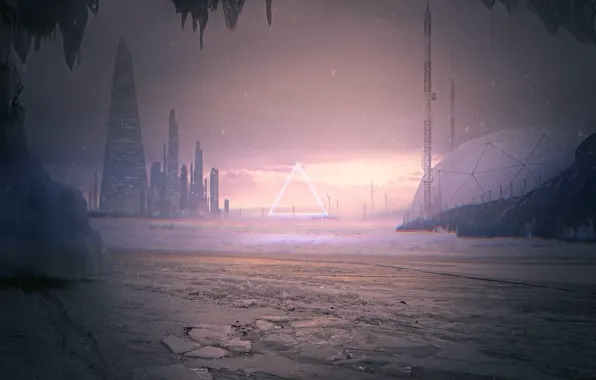 Море, снег, город, лёд, киберпанк, купол, cyberpunk