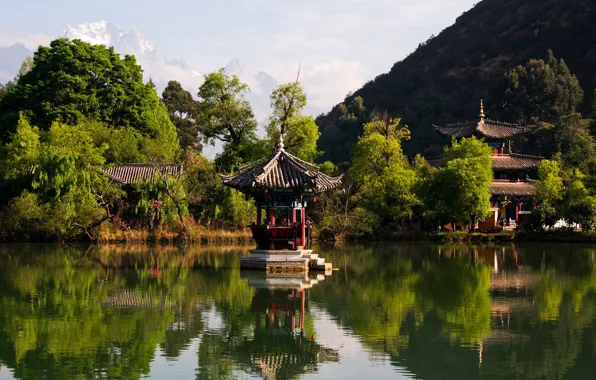Солнце, деревья, горы, река, Китай, Lijiang, пагоды