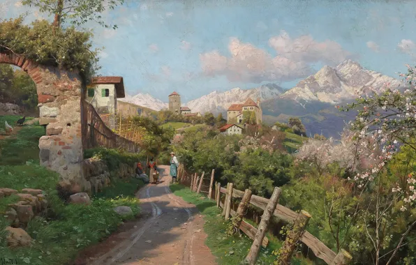 Датский живописец, 1913, Петер Мёрк Мёнстед, Peder Mørk Mønsted, Danish realist painter, Spring Landscape in …