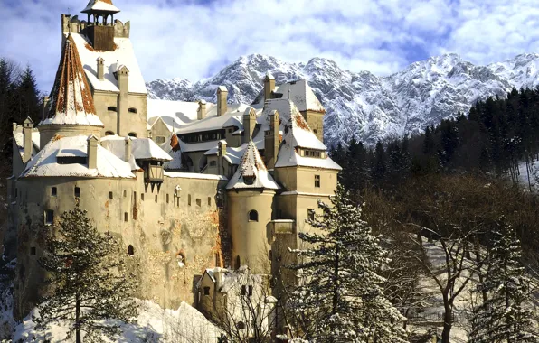 Картинка зима, снег, горы, город, фото, замок, ель, Румыния