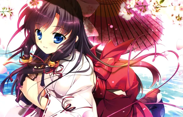 Девушка, цветы, улыбка, зонт, аниме, сакура, арт, кимоно