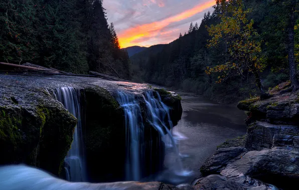 Лес, облака, река, водопад