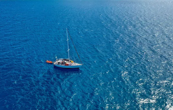 Отражение, океан, яхта, мачта, вид сверху, на якоре, sailing Fiji