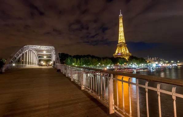 Картинка ночь, мост, огни, река, Франция, Париж, Сена, Эйфелева башня
