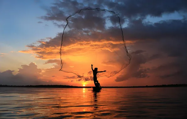 Картинка небо, закат, сеть, лодка, рыбак, таиланд, thailand