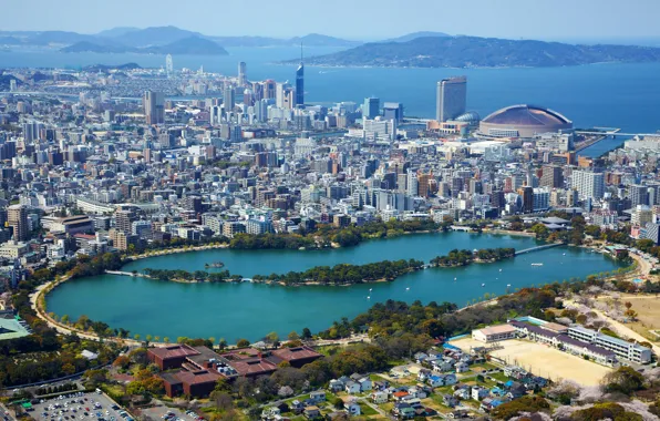 Картинка море, озеро, побережье, дома, Япония, панорама, мегаполис, вид сверху