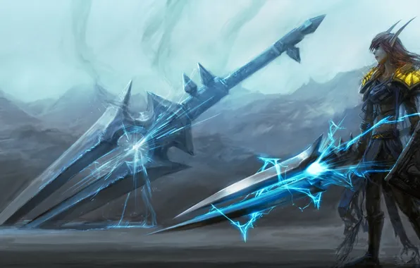 Картинка энергия, меч, доспехи, WoW, World of Warcraft, эльфийка