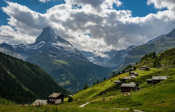 Швейцария, домики, горы, склоны, Zermatt