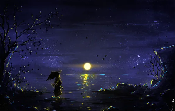 Картинка girl, Moon, sky, trees, umbrella, night, art, lake