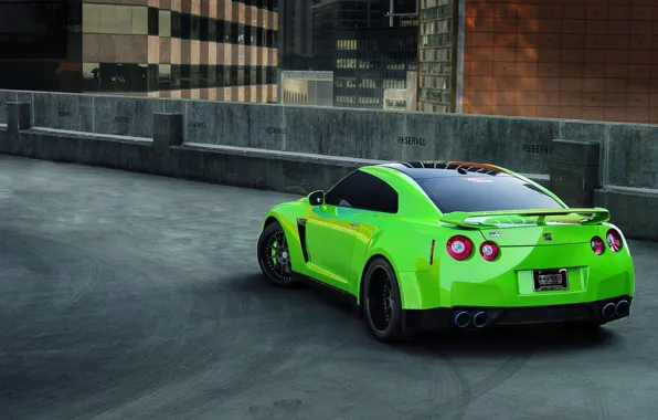 Зеленый, парковка, спорткар, r35, nissan gtr