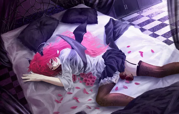 Девушка, яблоки, кровать, крылья, демон, арт, touhou, лежа