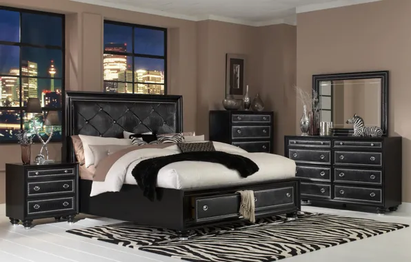City, black, interior, bedroom, megapolis