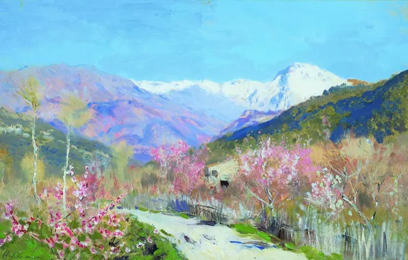 Цветы, горы, масло, тропа, Холст, цвететение, Исаак ЛЕВИТАН, Весна в Италии
