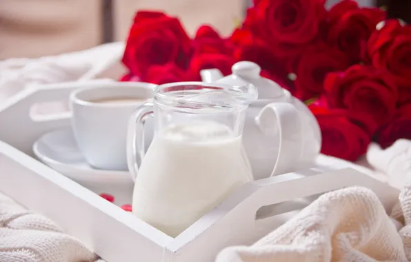 Чай, букет, утро, молоко, поднос, Zulfiska
