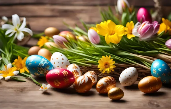 Цветы, яйца, весна, colorful, Пасха, happy, flowers, spring